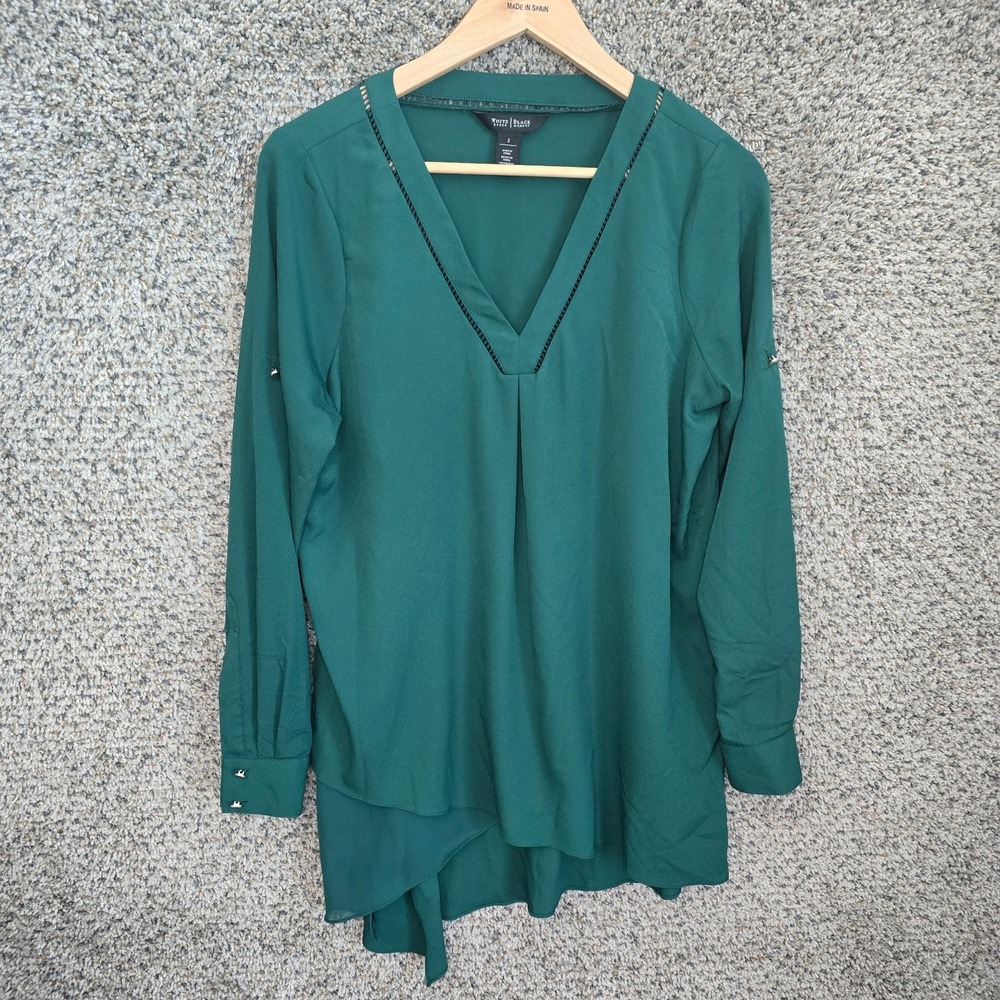 White House Black Market Top Womens Small Green V Neck Tunic Long Sleeve Ladies‎